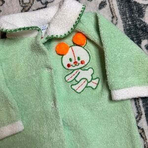 Vtg 70s‎ Trimfit Baby Sleeper Terry Cloth Green Mouse Applique Made in USA Small